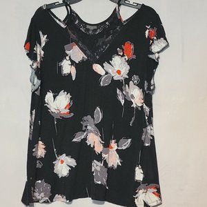 Maurices: Size 0 spaghetti tank blouse Black floral print and lace detail